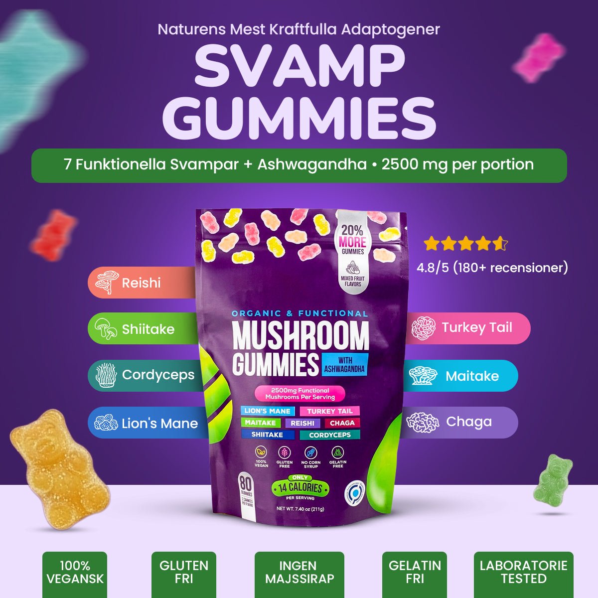 alt
Focus & Calm Mushroom Gummies – 2500mg med Lion’s Mane & Ashwagandha (80 st) - Gymfit