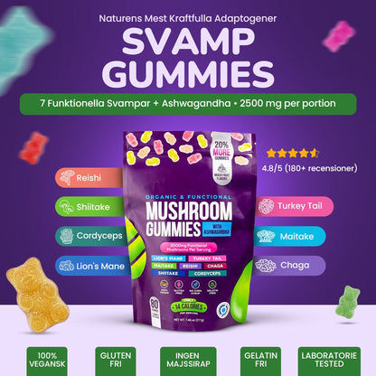 alt
Focus & Calm Mushroom Gummies – 2500mg med Lion’s Mane & Ashwagandha (80 st) - Gymfit